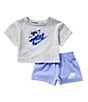 Color:Purple/Grey - Image 2 - Baby Girls 12-24 Months Short Sleeve Boxy T-Shirt & Shorts Set