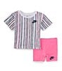 Color:Playful Pink - Image 1 - Baby Girls 12-24 Months Short Sleeve Happy Camper Striped T-Shirt & Solid Bike Shorts Set