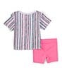 Color:Playful Pink - Image 2 - Baby Girls 12-24 Months Short Sleeve Happy Camper Striped T-Shirt & Solid Bike Shorts Set