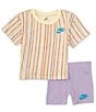 Color:Hydrangea - Image 1 - Baby Girls 12-24 Months Short Sleeve Happy Camper Striped T-Shirt & Solid Bike Shorts Set