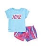 Color:Playful Pink - Image 1 - Baby Girls 12-24 Months Short Sleeve Solid Logo Interlock T-Shirt & Printed Microfiber Shorts Set