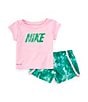 Color:Stadium Green - Image 1 - Baby Girls 12-24 Months Short Sleeve Solid Logo Interlock T-Shirt & Printed Microfiber Shorts Set