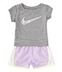 Color:Grey/Lilac - Image 1 - Baby Girls 12-24 Months Short Sleeve Swoosh Jersey T-Shirt & Coordinating Microfiber Shorts Set
