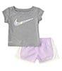 Color:Grey/Lilac - Image 2 - Baby Girls 12-24 Months Short Sleeve Swoosh Jersey T-Shirt & Coordinating Microfiber Shorts Set