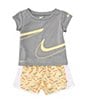 Color:Grey/Soft Yellow - Image 1 - Baby Girls 12-24 Months Short Sleeve Swoosh T-Shirt & Swoosh Print Shorts Set