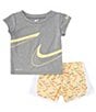 Color:Grey/Soft Yellow - Image 2 - Baby Girls 12-24 Months Short Sleeve Swoosh T-Shirt & Swoosh Print Shorts Set