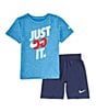 Color:Blue - Image 1 - Little Boys 2T-4T Short Sleeve Dri-FIT Graphic T-Shirt & Shorts Set