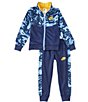 Color:Midnight Navy/Yellow Ochre - Image 1 - Little Boys 2T-7 Long-Sleeve Nike Camo Printed Jacket & Jogger Pant Tricot Set