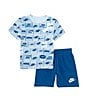 Color:Court Blue - Image 1 - Little Boys 2T-7 Short Sleeve Allover Printed T-Shirt & Logo-Detailed Shorts Set