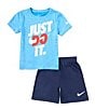 Color:Blue - Image 1 - Little Boys 2T-7 Short Sleeve Dri-FIT Graphic T-Shirt and Shorts Set