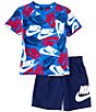 Color:Blue Void/White/Game Royal/University Red - Image 1 - Little Boys 2T-7 Short Sleeve New Toss T-Shirt & Sueded French Terry Shorts Set