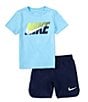 Color:Navy - Image 1 - Little Boys 2T-7 Short Sleeve Nike Branded Logo Knit T-Shirt & Woven Shorts Set