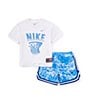 Color:University Blue - Image 1 - Little Boys 2T-7 Short Sleeve Nike Knit T-Shirt & Allover Printed Mesh Shorts Set