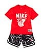 Color:Black/Red - Image 1 - Little Boys 2T-7 Short Sleeve Nike Knit T-Shirt & Allover Printed Mesh Shorts Set