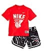 Color:Black/Red - Image 3 - Little Boys 2T-7 Short Sleeve Nike Knit T-Shirt & Allover Printed Mesh Shorts Set