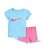 Color:Playful Pink/Aquarius Blue - Image 1 - Little Girls 2T-6X Club Tempo Short-Sleeve Interlock T-Shirt & Coordinating Microfiber Shorts Set