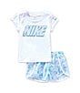 Nike Little Girls Flutter-Sleeve Floral-Logo T-Shirt & Floral-Printed Shorts Set, Color:Blue Tide/White - Image 1