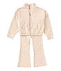 Color:Hemp/Playful Pink/White - Image 1 - Little Girls 2T-6X Notebook Long Sleeve Stretch Jersey Jacket & Matching Flare Leg Leggings Set