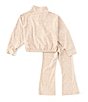 Color:Hemp/Playful Pink/White - Image 2 - Little Girls 2T-6X Notebook Long Sleeve Stretch Jersey Jacket & Matching Flare Leg Leggings Set