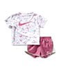Nike Little Girls Short-Sleeve Floral-Printed/Swoosh-Motif T-Shirt & Color Block Tempo Shorts Set, Color:Magic Fuchsia - Image 1