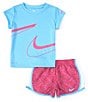 Color:Playful Pink - Image 2 - Little Girls 2T-6X Short Sleeve Swooshfetti Interlock T-Shirt & Printed Microfiber Shorts Set
