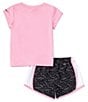 Color:Black - Image 3 - Little Girls 2T-6X Short Sleeve Swooshfetti Interlock T-Shirt & Printed Microfiber Shorts Set