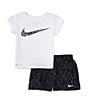 Color:Smoke Grey/White - Image 1 - Little Girls 2T-6X Veneer Woven Short Sleeve Solid Swoosh T-Shirt & Printed Shorts Set