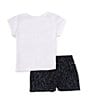 Color:Smoke Grey/White - Image 2 - Little Girls 2T-6X Veneer Woven Short Sleeve Solid Swoosh T-Shirt & Printed Shorts Set