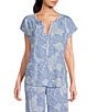 Nottibianche Knit Palm Tropical Print Split Round Neck Cap Sleeve Coordinating Sleep Top, Color:Blue Palms - Image 1