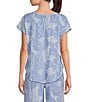 Nottibianche Knit Palm Tropical Print Split Round Neck Cap Sleeve Coordinating Sleep Top, Color:Blue Palms - Image 2