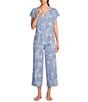 Nottibianche Knit Palm Tropical Print Split Round Neck Cap Sleeve Coordinating Sleep Top, Color:Blue Palms - Image 3