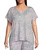 Color:Grey/Pink Tile - Image 1 - Plus Size Geo Print Split Round Neck Short Sleeve Coordinating Knit Sleep Top