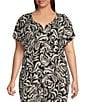 Nottibianche Plus Size Ikat Print Short Sleeve Split Round Neck Coordinating Knit Sleep Top - Image 1