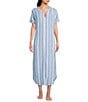 Nottibianche Short Sleeve Split Round Neck Button Front Striped Gauze Caftan, Color:Dark Chambray - Image 1