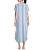 Nottibianche Short Sleeve Split Round Neck Button Front Striped Gauze Caftan, Color:Dark Chambray - Image 2