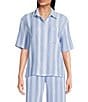 Nottibianche Striped Gauze Short Sleeve Notch Collar Button Front Coordinating Sleep Top, Color:Dark Chambray - Image 1
