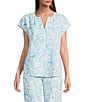 Nottibianche Woven Double Cloth Tropical Palm Print Cap Sleeve Split Round Neck Coordinating Sleep Top, Color:Blue Palms - Image 1