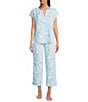 Nottibianche Woven Double Cloth Tropical Palm Print Cap Sleeve Split Round Neck Coordinating Sleep Top, Color:Blue Palms - Image 3