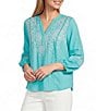 Nurture Embroidered 3/4 Sleeve V-Neck Placket Top - Image 1