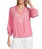 Nurture Embroidered 3/4 Sleeve V-Neck Placket Top - Image 1