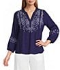 Nurture Embroidered 3/4 Sleeve Split V-Neck Placket Top - Image 1