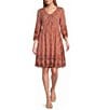 Nurture 3/4 Sleeve V-Neck Smocked Tie Short Dress - Image 1