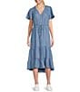 Color:Blue - Image 1 - by Westbound Button Front Short Flutter Sleeve A-Line Chambray Midi Dress