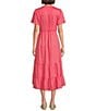 Color:Peony Blush - Image 2 - by Westbound Button Front Short Flutter Sleeve V-Neck Cinched Tie Waist High-Low Tiered Midi A-Line Dress