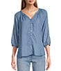 Color:Blue - Image 1 - by Westbound Embroidered Y-Neck 3/4 Sleeve Button Front Top