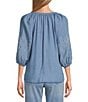 Color:Blue - Image 2 - by Westbound Embroidered Y-Neck 3/4 Sleeve Button Front Top