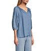 Color:Blue - Image 3 - by Westbound Embroidered Y-Neck 3/4 Sleeve Button Front Top