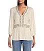 Color:Ivory - Image 1 - by Westbound Knit 3/4 Sleeve V Neck Embroidery Top