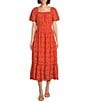 Color:Pacific Coral - Image 1 - by Westbound Petite Size Elastic Square Neck Flutter Short Sleeve Scalloped Ruffle Hem A-Line Midi Dress