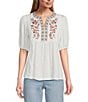Color:White Sand - Image 1 - by Westbound Petite Size Elbow Sleeve Embroidered Square Yoke Top